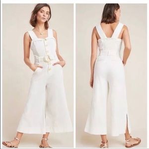 Anthropologie Cream Cape Cod Button Belted Wide Leg Crop Jumpsuit